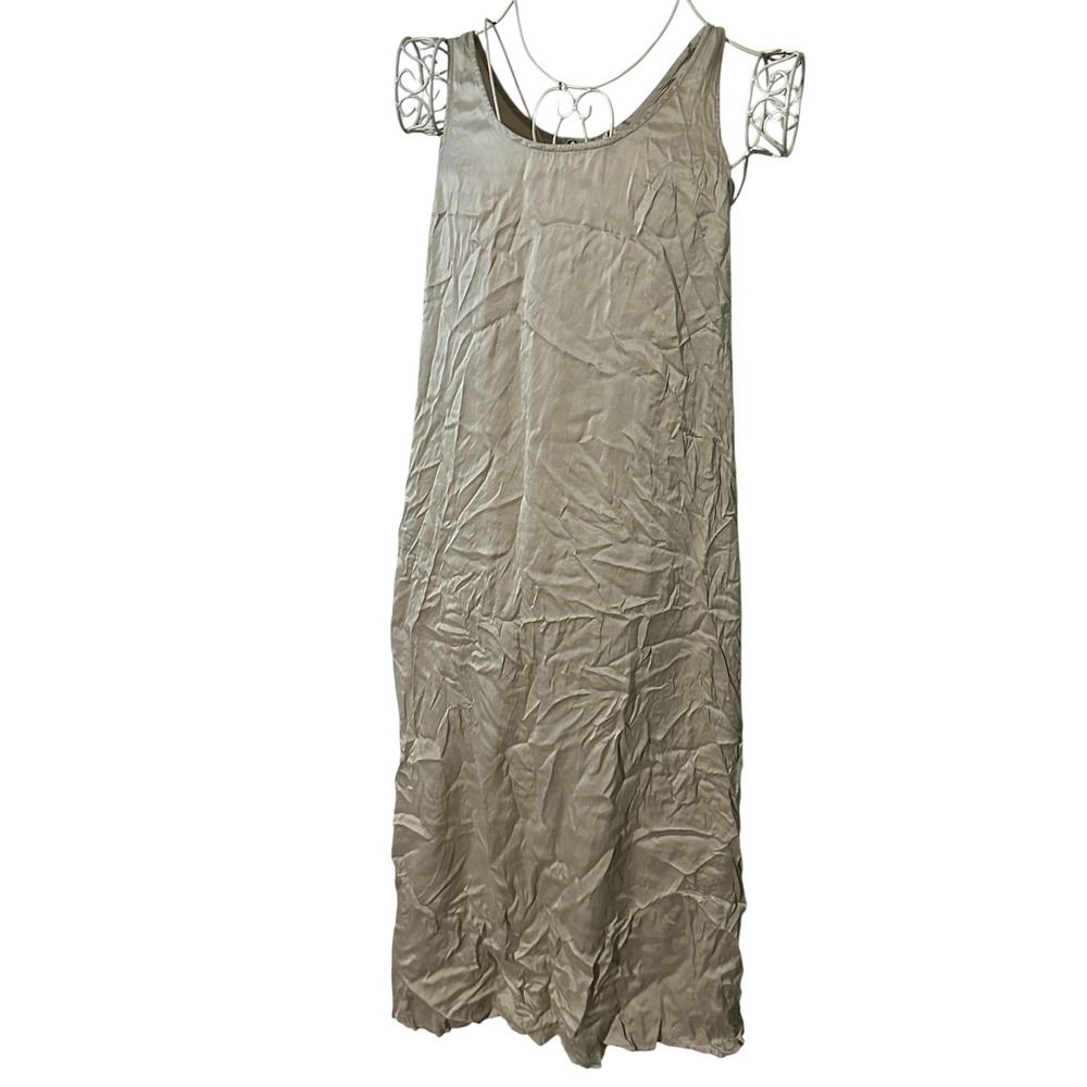 Eileen Fisher Silk Crinkle slip Midi Dress Sleeveless Scoop Neck Champagne Small
